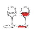 A glass of red wine. Two views of the image of color and black and white. Contour object. Wineglass hand draw. Restaurant Royalty Free Stock Photo