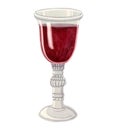 Glass of red wine watercolor illustration isolated on white. Vintage transparent goblet for kiddush and Shabbat Royalty Free Stock Photo