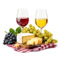 Red and White Wine with Cheese and Grapes. Royalty Free Stock Photo