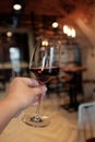 A glass of red wine in a woman`s hand