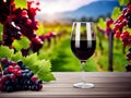 A glass of red wine on a wooden surface on a wineyeard background