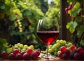 Glass of red wine on a wooden table with bunches of grapes