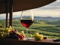 Glass of red wine on a wooden table with bunches of grapes