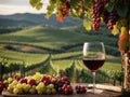 Glass of red wine on a wooden table with bunches of grapes