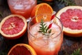 Glass of refreshing alcohol drink with orange juice, vodka or white rum served with ice orange slice.