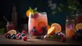 a glass of refreshing berry drink with ice and mint, on the table among blueberries, raspberries and oranges