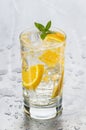 Glass of refreshing cold mineral water with pieces of orange Royalty Free Stock Photo