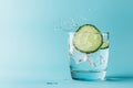 A glass of refreshing cucumber water splashes against a light blue backdrop on a sunny day Royalty Free Stock Photo