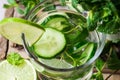 Glass with refreshing detox cucumber water with fresh mint and lime on barn wood box, ingredients, spring or summer