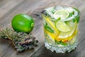 Glass of refreshing drink. glass of cold water with ice, thyme, mint and lemon on a wooden table. close up Royalty Free Stock Photo
