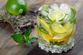 Glass of refreshing drink. glass of cold water with ice, thyme, mint and lemon on a wooden table. close up Royalty Free Stock Photo