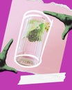 Glass with refreshing drink, mojito with mint and soda water over abstract background. Creative colorful design.