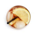 Glass of refreshing iced tea with lemon slices on white background Royalty Free Stock Photo