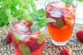 Glass of refreshing iced tea with strawberries and mint, horizon Royalty Free Stock Photo