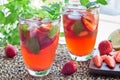 Glass of refreshing iced tea with strawberries and mint, horizon Royalty Free Stock Photo