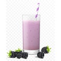 Glass of refreshing juice from ripe blackberry with berries and striped straw for cocktails, isolated on transparent background. Royalty Free Stock Photo