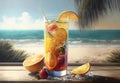 A glass of refreshing lemonade with ice and a straw, with pieces of fruit on the background of a beach with palm trees. AI Royalty Free Stock Photo