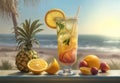 A glass of refreshing lemonade with ice and a straw, with pieces of fruit on the background of a beach with palm trees. AI Royalty Free Stock Photo