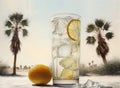 A glass of refreshing lemonade with ice and a straw, with pieces of fruit on the background of a beach with palm trees. AI Royalty Free Stock Photo