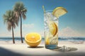 A glass of refreshing lemonade with ice and a straw, with pieces of fruit on the background of a beach with palm trees. AI Royalty Free Stock Photo