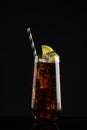 Glass of refreshing soda water with ice cubes and lemon slice on black background Royalty Free Stock Photo