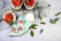 Glass of ripe strawberries with and cream cheese. Healthy homemade dessert. Copy space Royalty Free Stock Photo