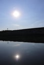 Glass river surface shore hill reflection. Blue sky and water and central beautiful scenic tranquill Royalty Free Stock Photo