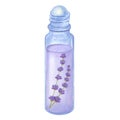 Glass roller ball bottle cosmetic lavender essential oil. Hand draw watercolor illustration isolated on white background