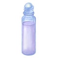 Glass roller ball bottle cosmetic lavender lilac essential oil. Hand draw watercolor illustration isolated on white