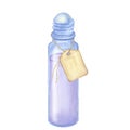 Glass roller ball bottle with tag. Cosmetic lavender lilac essential oil. Hand draw watercolor illustration isolated on