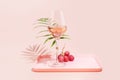 Glass of rose wine, grapes and palm leaf on a pink tray