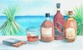 Glass of rum with bottles and cigars on the tropical beach background