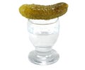 Glass of Russian vodka with pickled cucumber Royalty Free Stock Photo