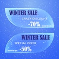 Glass sale tag, badges, labels or banner for Christmas on blue background.
