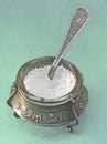 Glass salt shaker from an old service inserted into an openwork patterned silver case Royalty Free Stock Photo