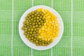 Glass saucer with green peas and sweet corn on tablecloth Royalty Free Stock Photo