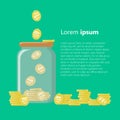 A glass saving coin box into which coins are falling. Vector image. Royalty Free Stock Photo