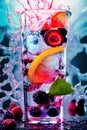Glass with scattered mixed berries drink with ice as fresh juicy. Generative Ai