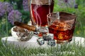 A glass of Scotch whiskey with ice and a cigar on a background of nature close-up Royalty Free Stock Photo