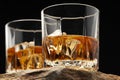 Glass of scottish whiskey with ice cubes