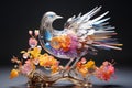 Glass sculpture of a bird with flowers