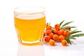 A glass of sea-buckthorn berries drink or green oolong tea isolated on white background. Chinese tea ceremony
