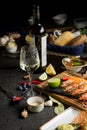 glass of semi-dry white wine an aperitif. Wine with grilled meat and vegetables. Close-up. Concept - table setting in a