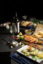 glass of semi-dry white wine an aperitif. Wine with grilled meat and vegetables. Close-up. Concept - table setting in a