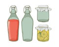 Glass set of jars and bottles in vector. Empty dishes for storing food and drinks. A jar of lemon jam and a bottle of Royalty Free Stock Photo