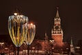 Glass-Shaped Street Lights and Spasskaya Tower at Night Royalty Free Stock Photo