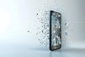 Glass shards explode from phone screen, artistically data fragmentation artificial intelligence
