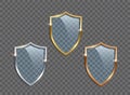 Glass shields with golden, silver and bronze frames isolated on transparent background. Vector design elements. Royalty Free Stock Photo