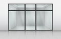 Glass shop doors. Store front with window frame. Realistic office exterior or retail showcase. View of mall wall