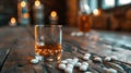 A glass of a shot and pills on the table, AI Royalty Free Stock Photo